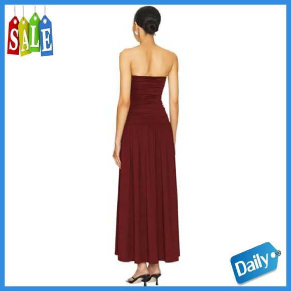 Strapless Ruched High Waist Long Floral Dress Off Shoulder Backless - Picture 4 of 7